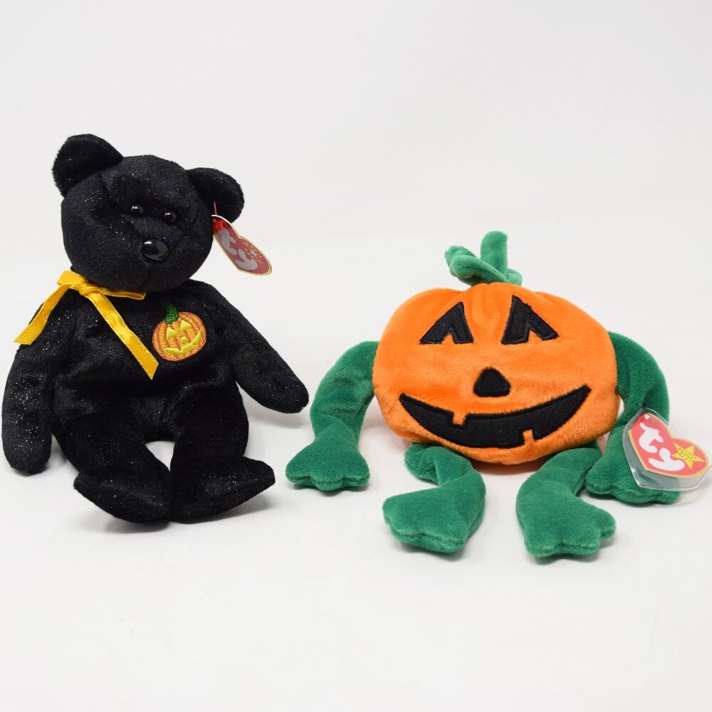 2 Ty 2001 Haunt 1998 Pumkin Beanie Baby Halloween Bear Pumpkin Stuffed Animal - Picture 1 of 16